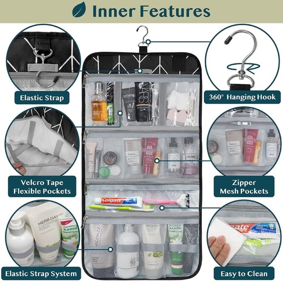 Hanging Toiletry Bag, Travel Kit Foldable Large Organizer, Roll up Cosmetics Bag - Picture 3 of 8